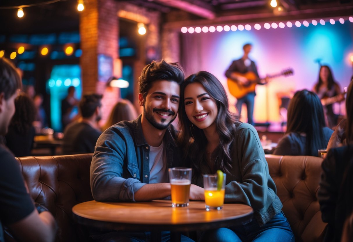 A young couple seated together at a small table enjoying a live music or comedy show in a cozy venue.