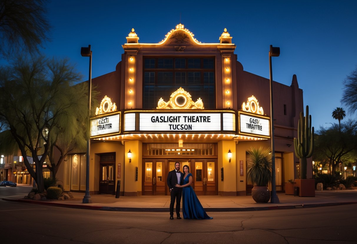 A couple standing outside a warmly lit historic theater at dusk, preparing to enjoy a night out.