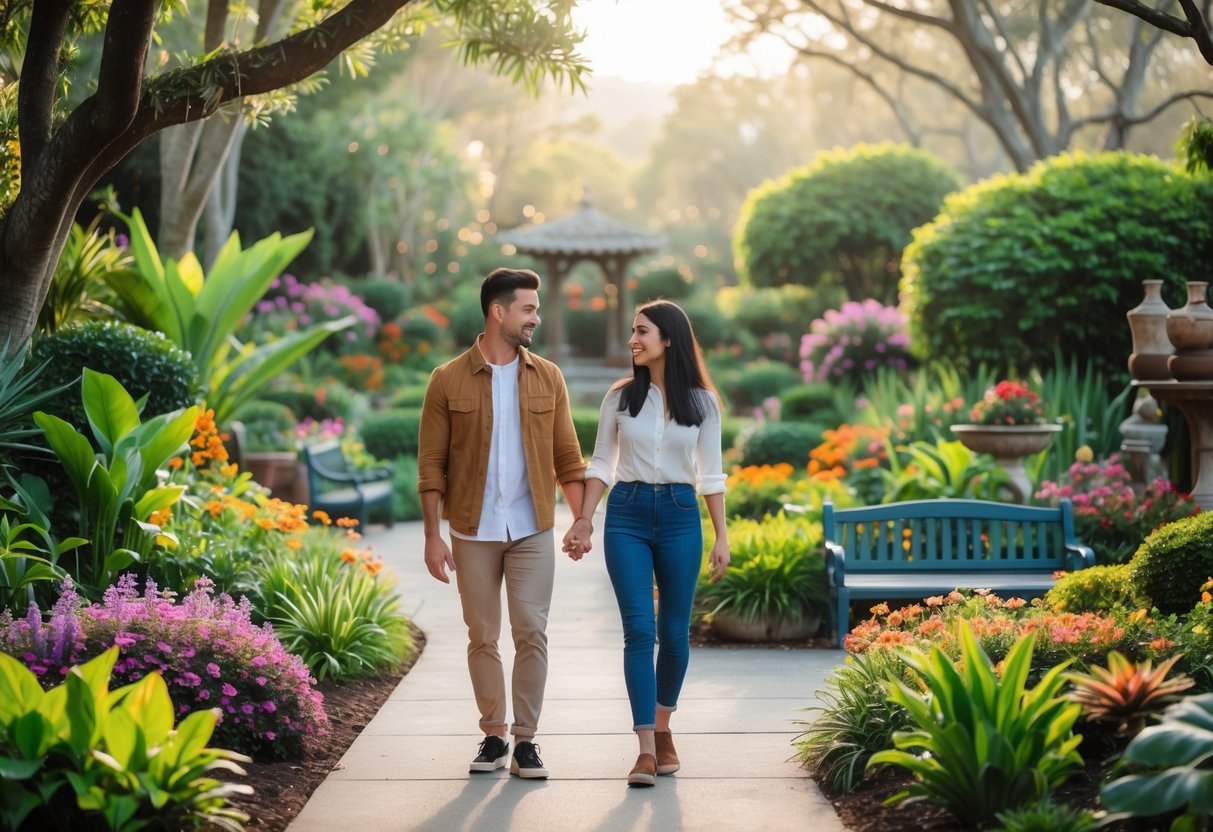 A young couple walking and smiling together along a garden path surrounded by colorful plants and flowers.