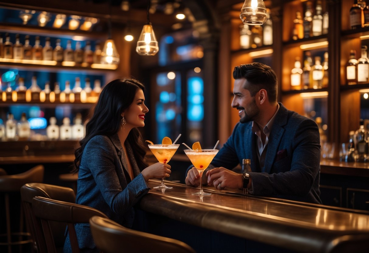 A couple enjoying drinks together at a cozy, dimly lit bar with vintage decor and warm lighting.