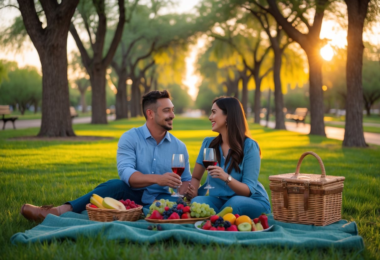 A couple enjoying a romantic picnic on a blanket in a green park surrounded by trees and flowers at sunset.