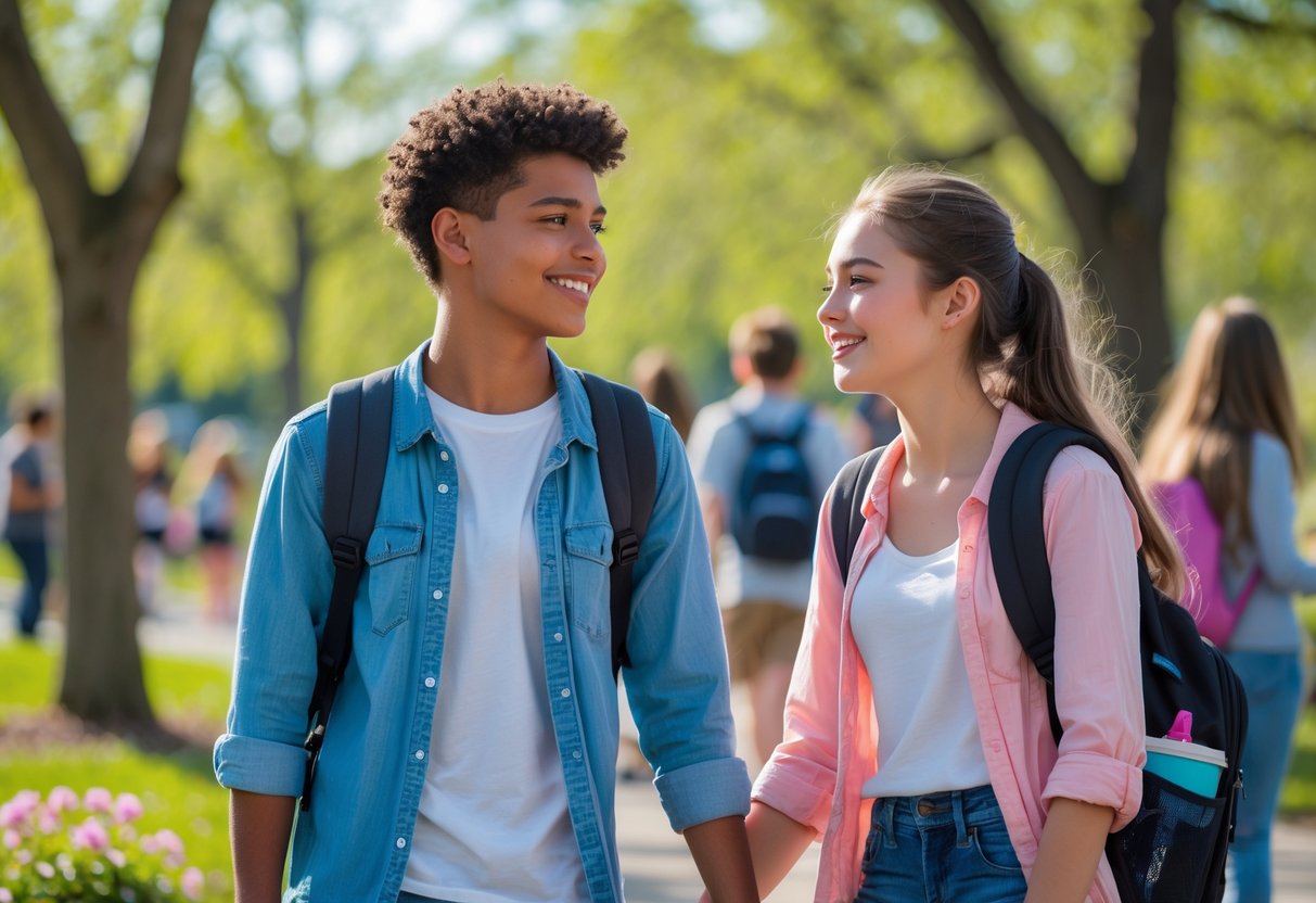 A smiling teenage couple walking hand in hand through a sunny park, enjoying a casual date outdoors.