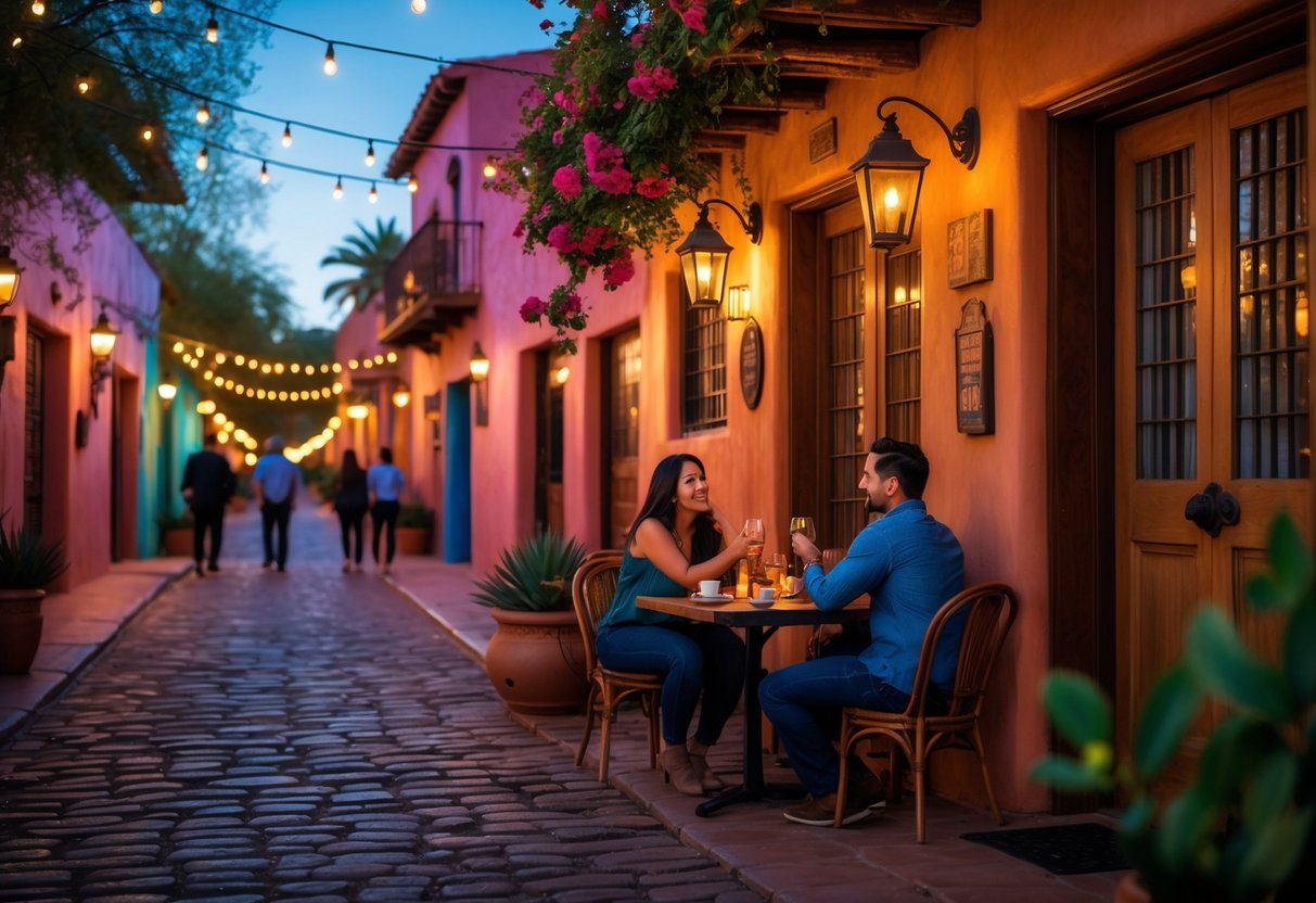A couple enjoying a romantic dinner outdoors on a cobblestone street in a historic Tucson neighborhood at twilight.