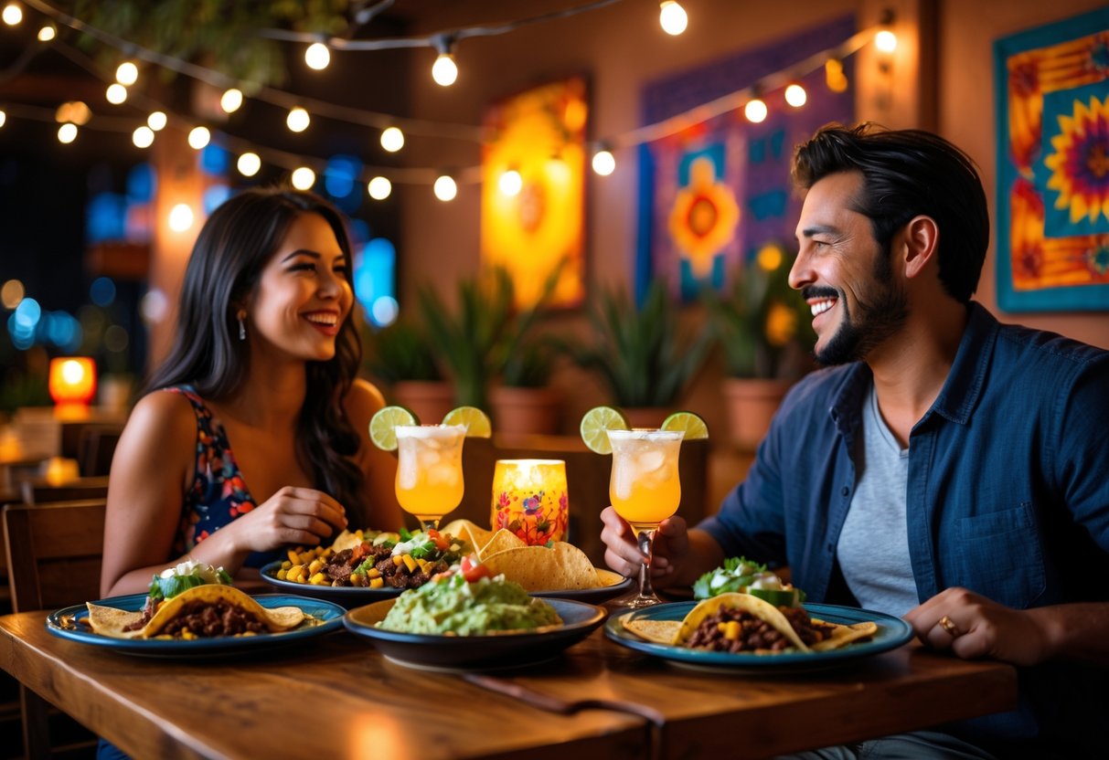 A couple enjoying dinner together at a Mexican restaurant with colorful dishes and warm lighting.