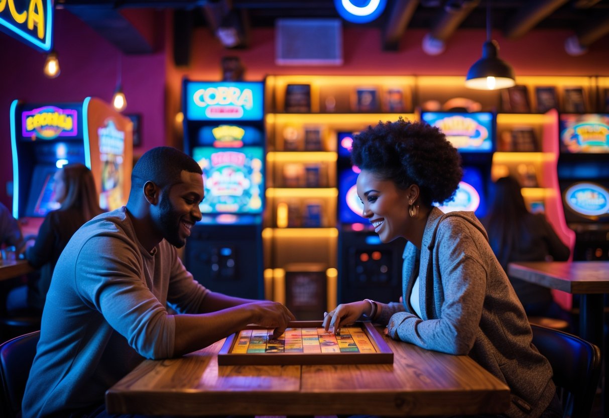 A couple playing a board game at a wooden table inside an arcade bar with colorful arcade machines and warm lighting in the background.
