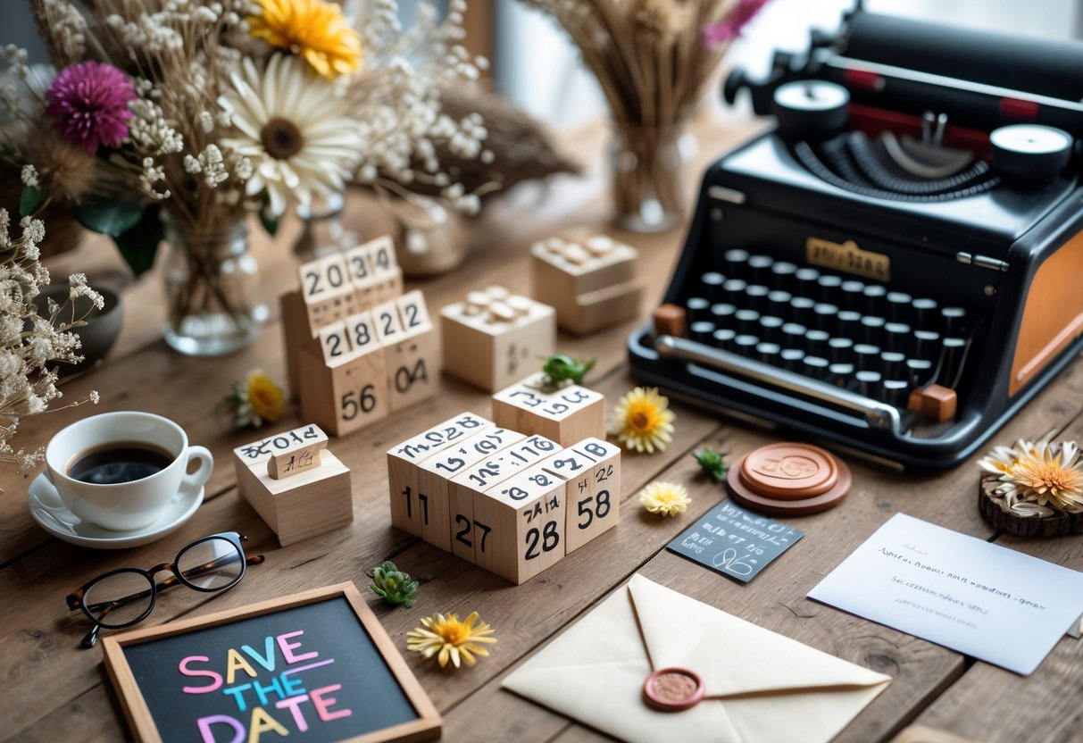 A wooden table displaying handcrafted save the date items including calendar blocks, dried flowers, a vintage typewriter with a note, and a small chalkboard with a date, surrounded by a coffee cup and reading glasses.