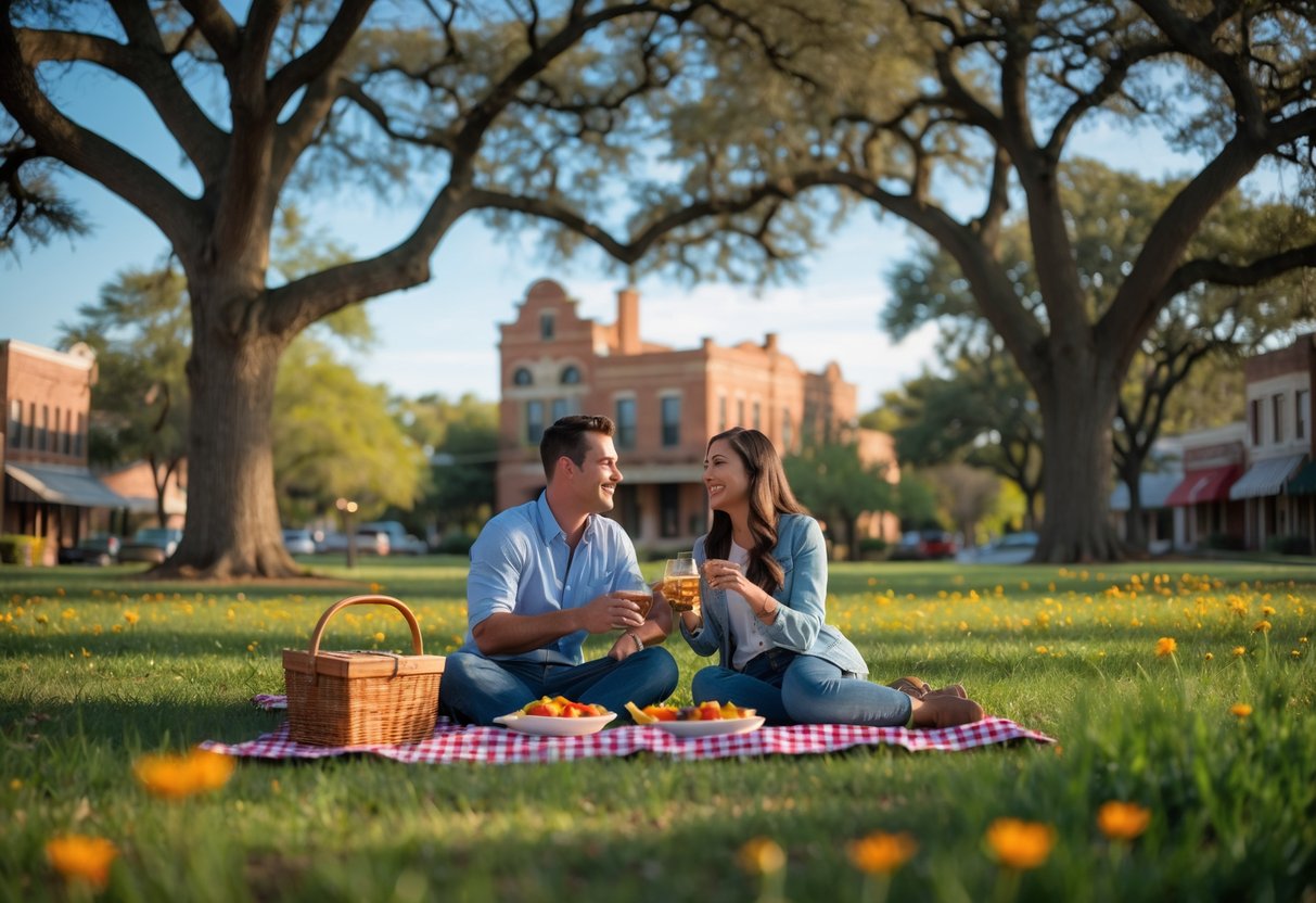 A young couple having a picnic together in a green park with trees and historic buildings in the background.