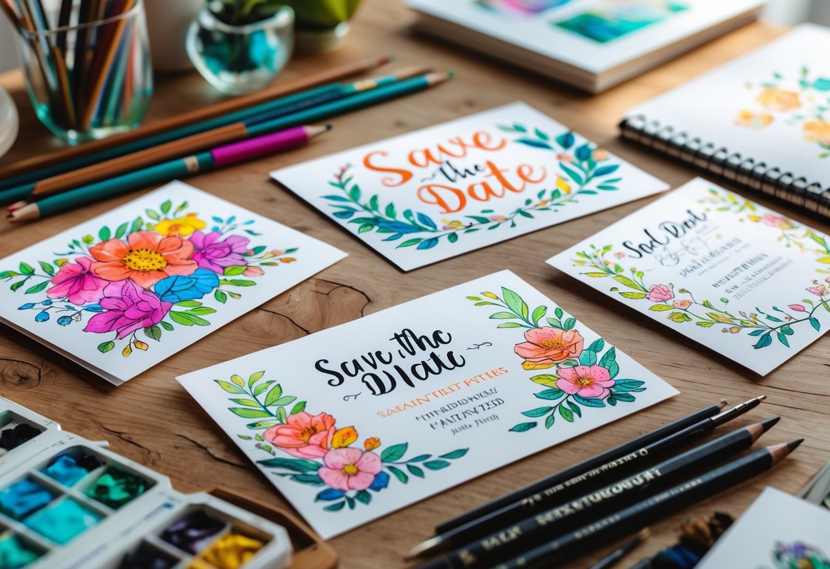 A wooden table with custom illustrated postcards and art supplies arranged on it.