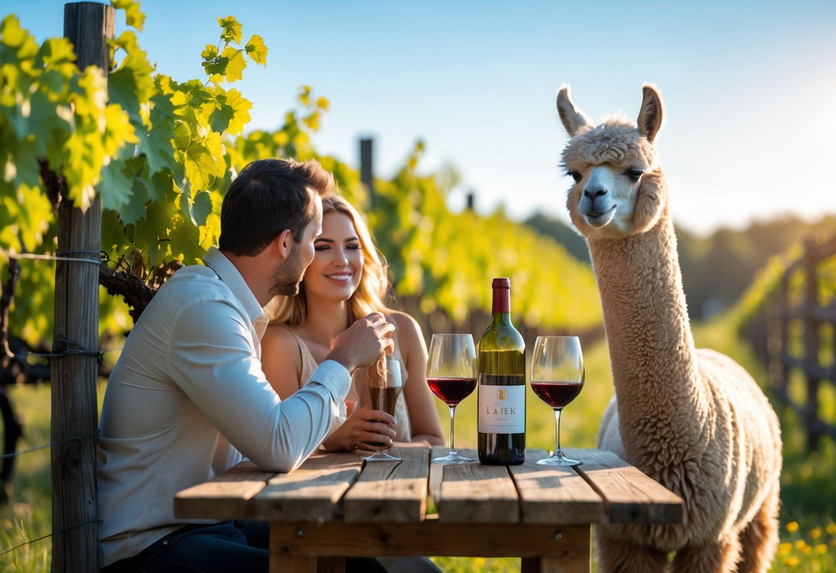 A couple tasting wine outdoors near grapevines with an alpaca standing close by.