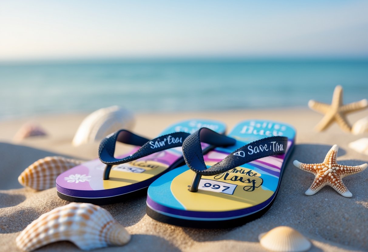 A pair of colorful personalized flip flops on a sandy beach with seashells and a starfish nearby, ocean and sky in the background.