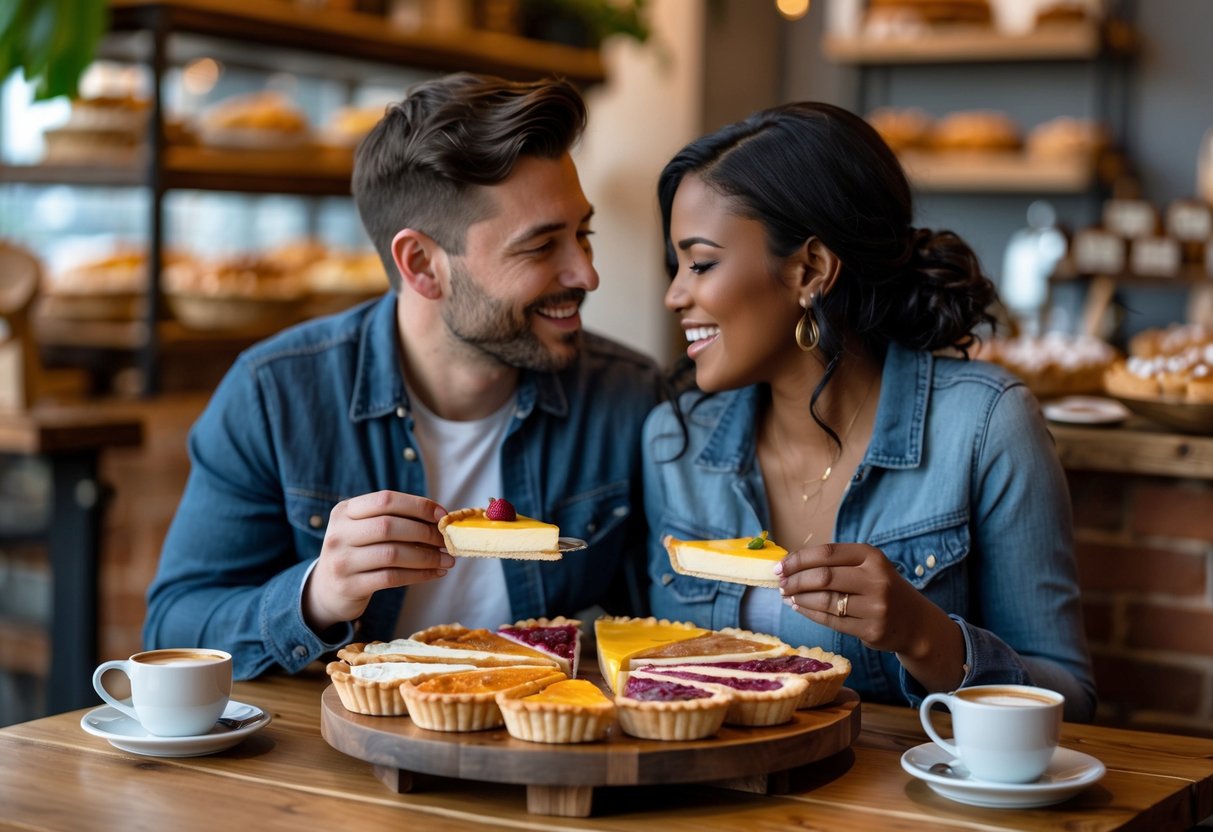 A couple seated at a wooden table enjoying a variety of small pie slices during a pie tasting experience in a cozy cafe.