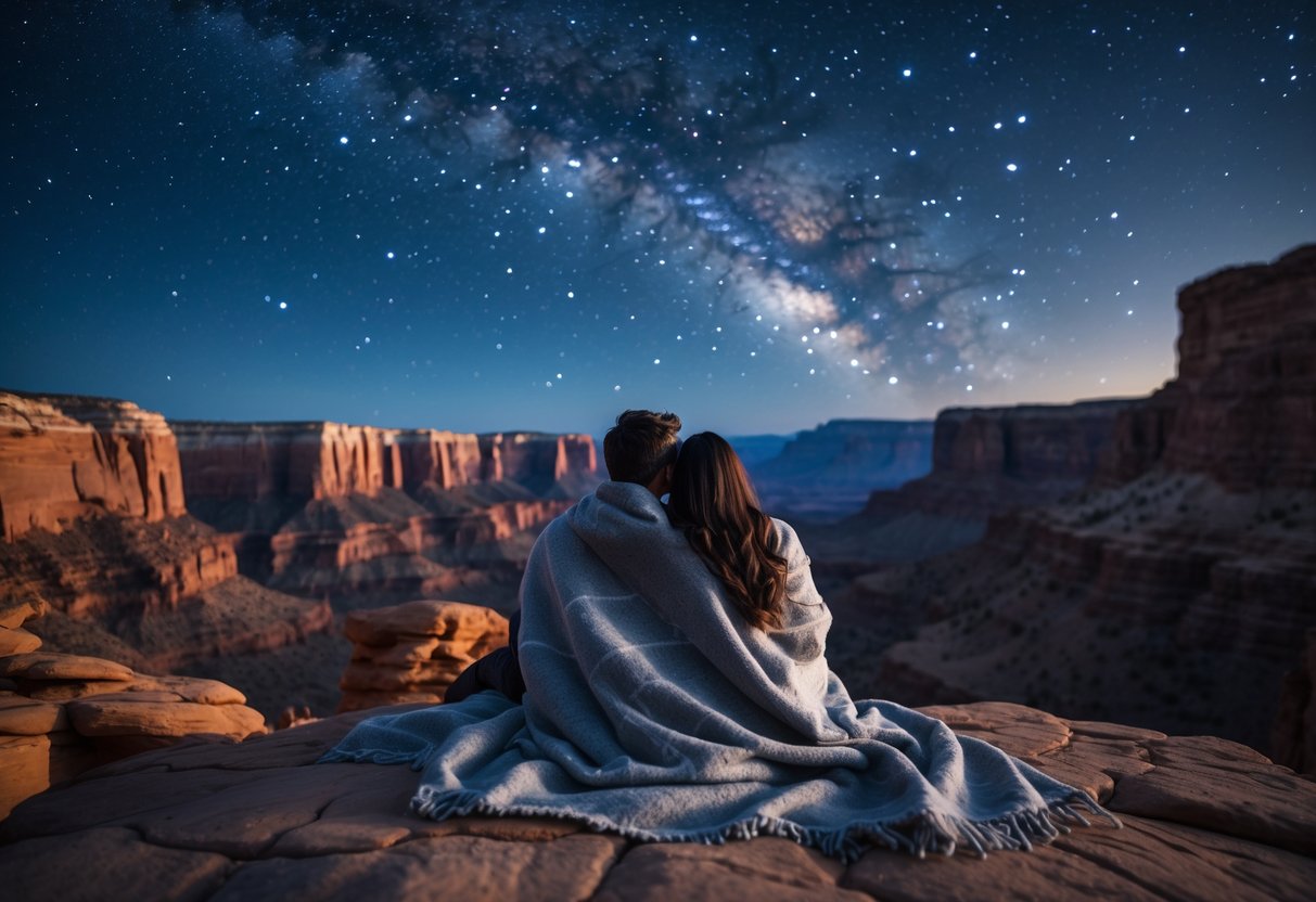 A couple sitting on a rocky overlook at Dead Horse Point State Park, looking up at a star-filled night sky over red rock canyons.