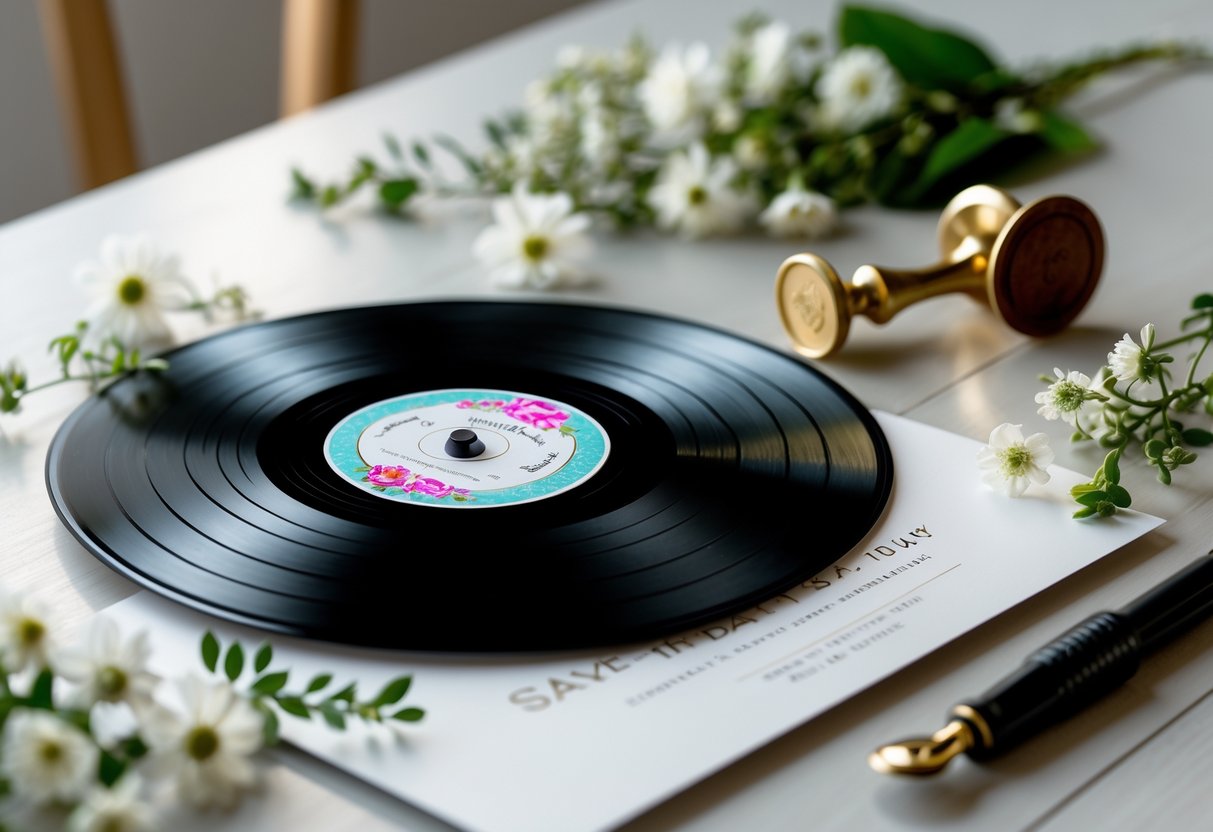 A vinyl record-themed save-the-date invitation surrounded by wedding decorations on a wooden table.