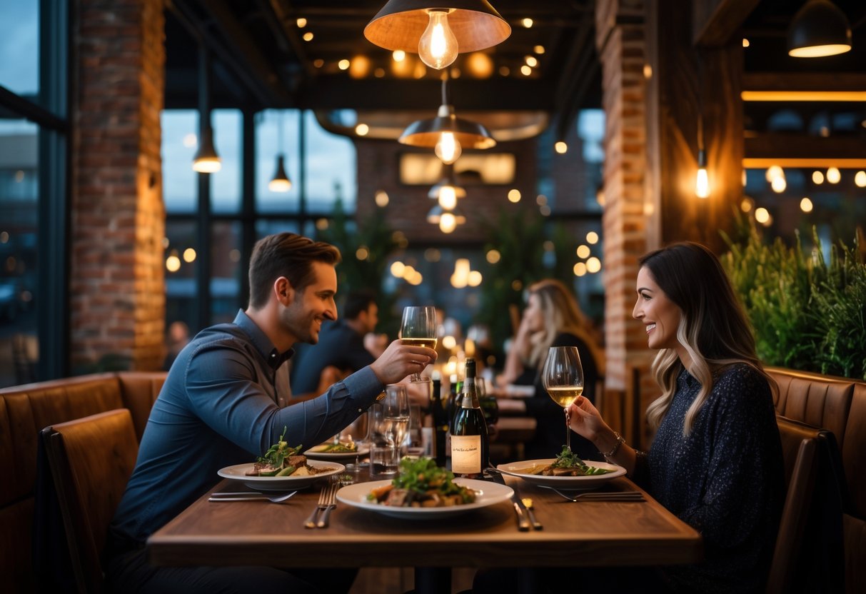 A couple enjoying a dinner at a warmly lit restaurant table with food and wine.