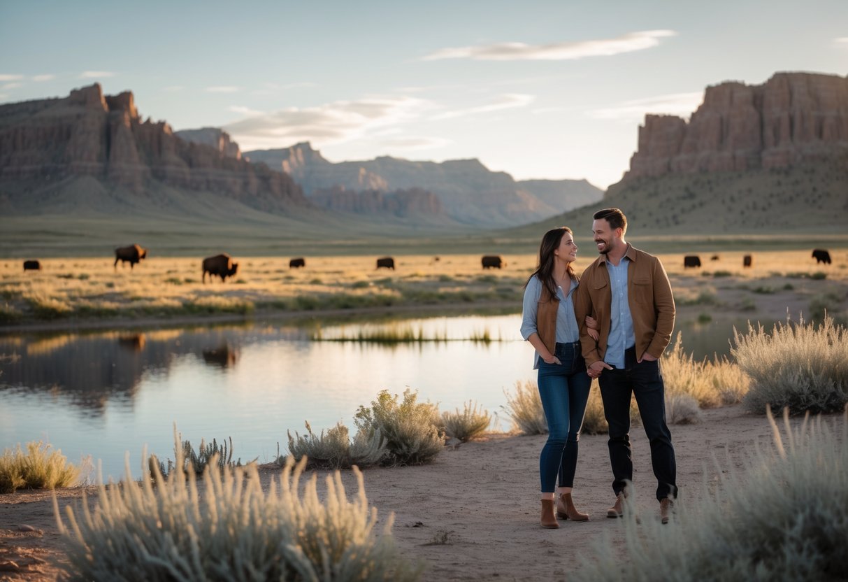 A couple enjoying a peaceful moment near a lake on Antelope Island with mountains and bison in the background.
