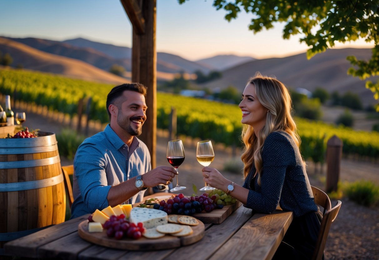 A couple enjoying wine tasting together outdoors at a winery surrounded by vineyards and hills during sunset.
