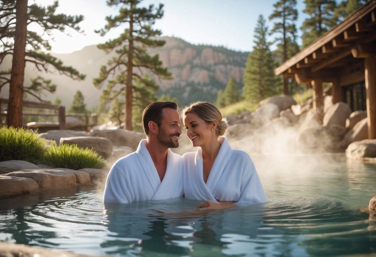 A couple relaxing together in an outdoor hot spring surrounded by trees and rocks at Sundance Resort.