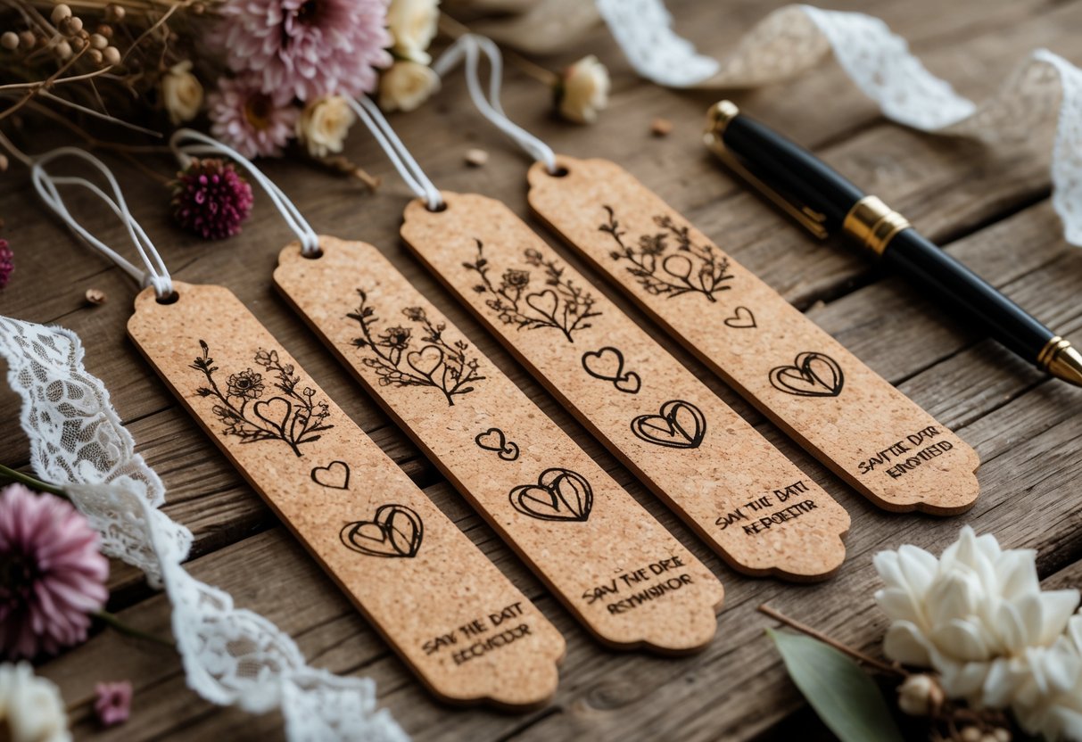 A set of cork bookmarks with engraved wedding-themed designs arranged on a wooden surface surrounded by dried flowers and lace ribbons.