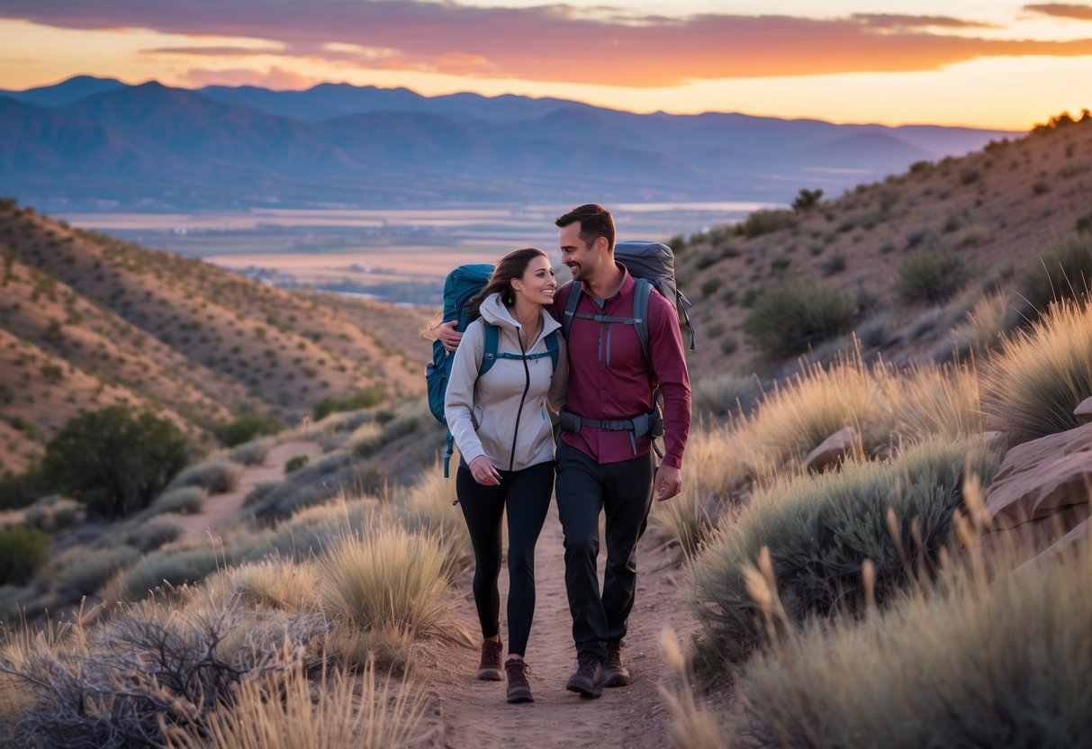 A couple hiking together on a scenic trail along a hillside with mountains and a colorful sunset sky in the background.