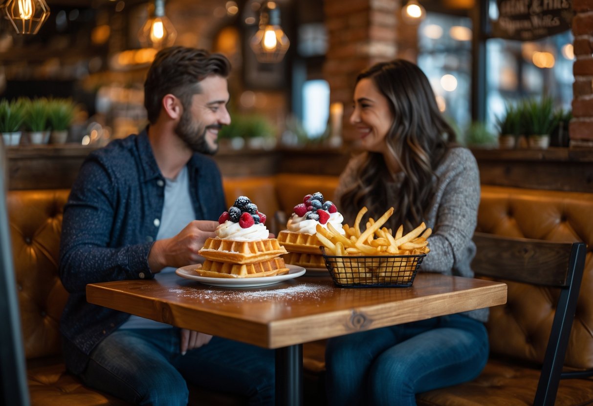 A couple enjoying waffles and fries at a cozy café table, smiling and talking in a warmly lit restaurant.