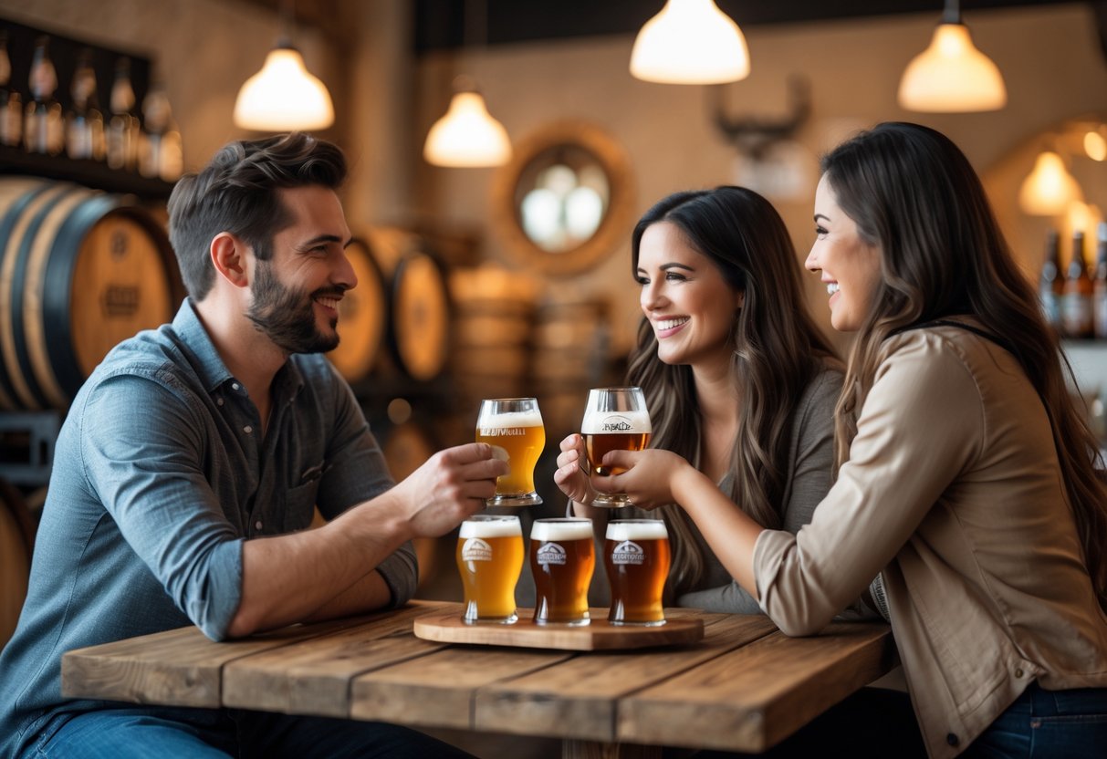 A couple enjoying a craft beer tasting together at a wooden table in a cozy brewery setting.