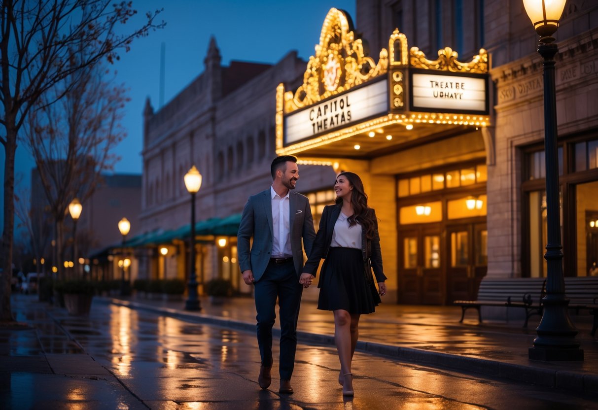A couple walking hand in hand outside the Capitol Theatre in Utah at night, with the theatre's lit marquee in the background.