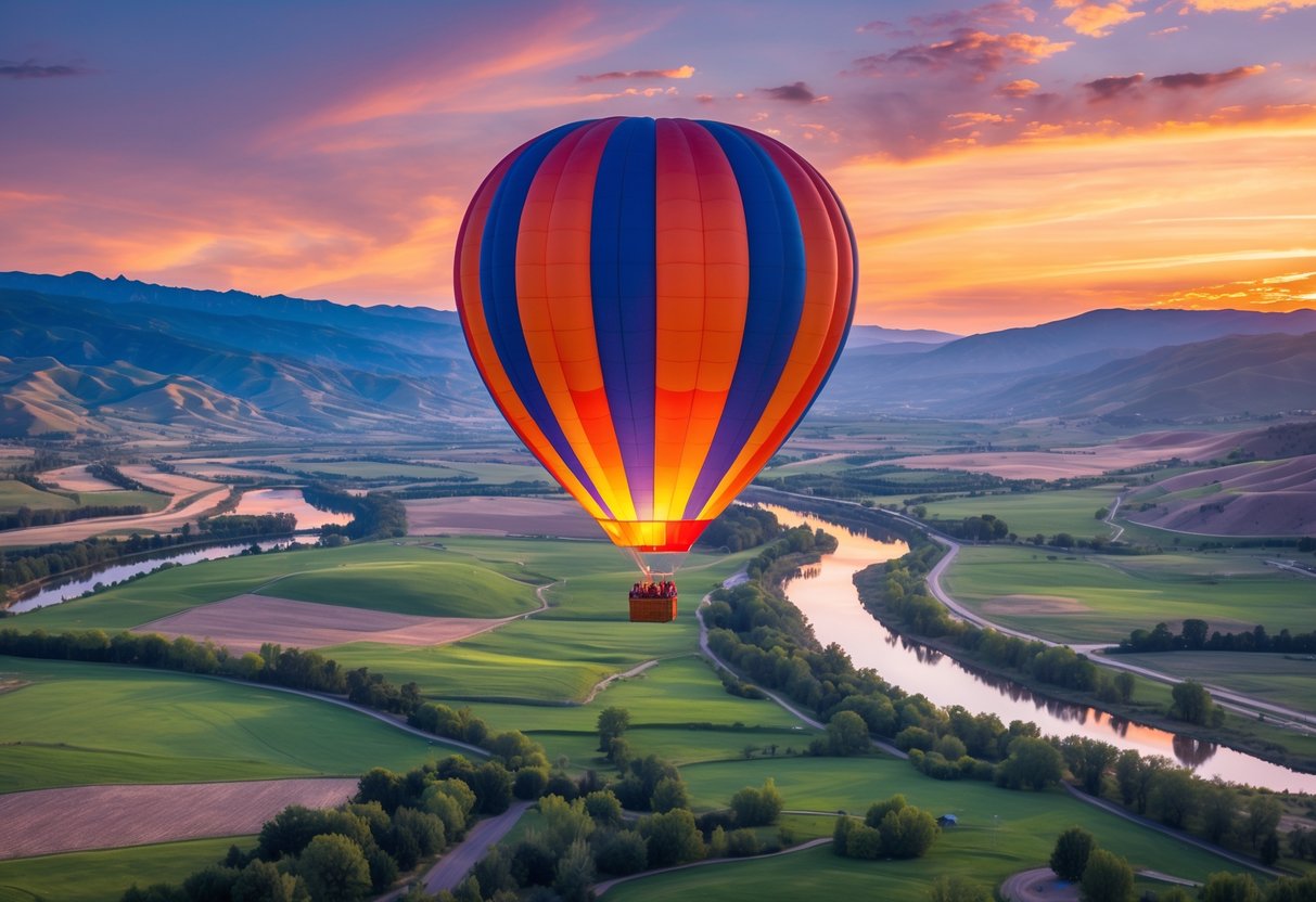 A colorful hot air balloon floating over green rolling hills and rivers in Heber Valley at sunset.