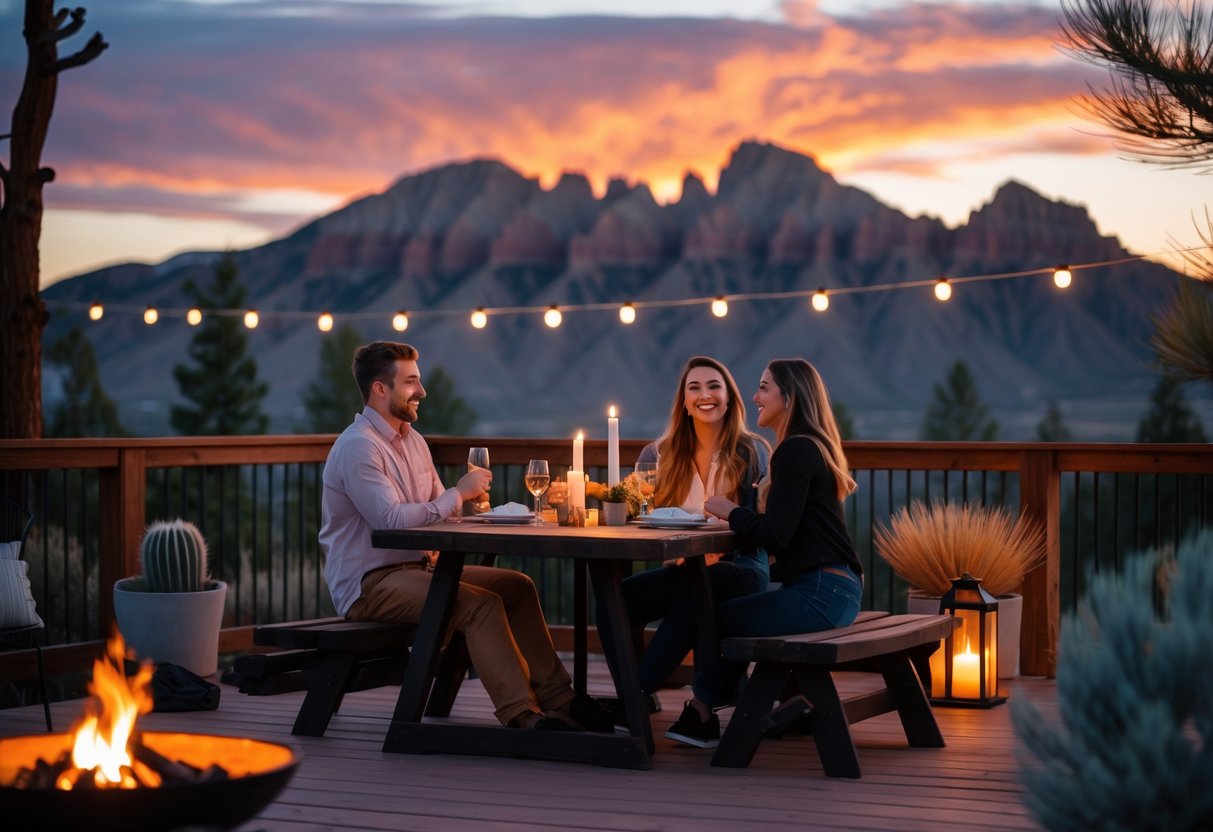 A couple enjoying a candlelit outdoor dinner on a wooden deck with mountains in the background at sunset.