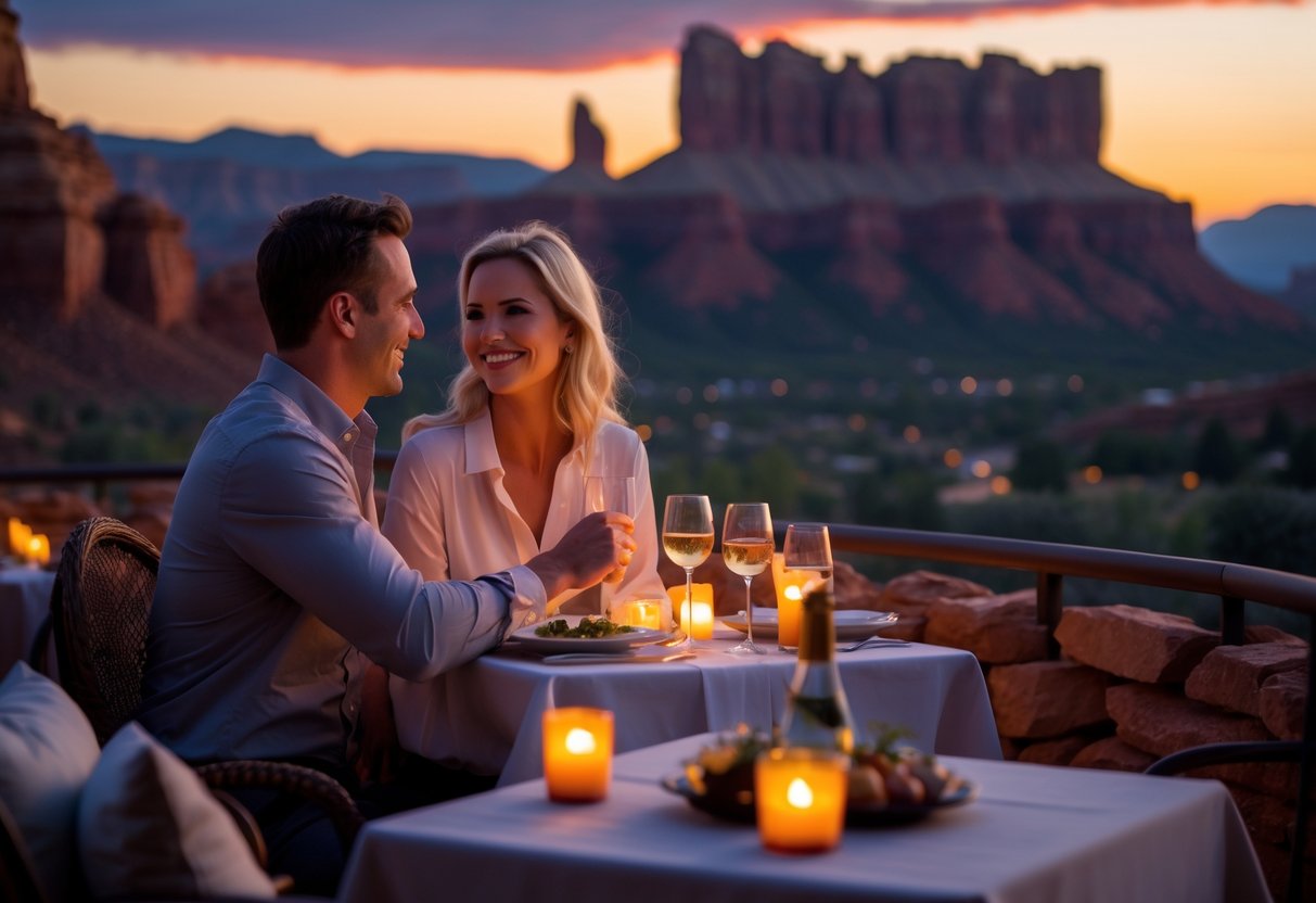 A couple enjoying a romantic outdoor dinner at sunset with red rock formations in the background.