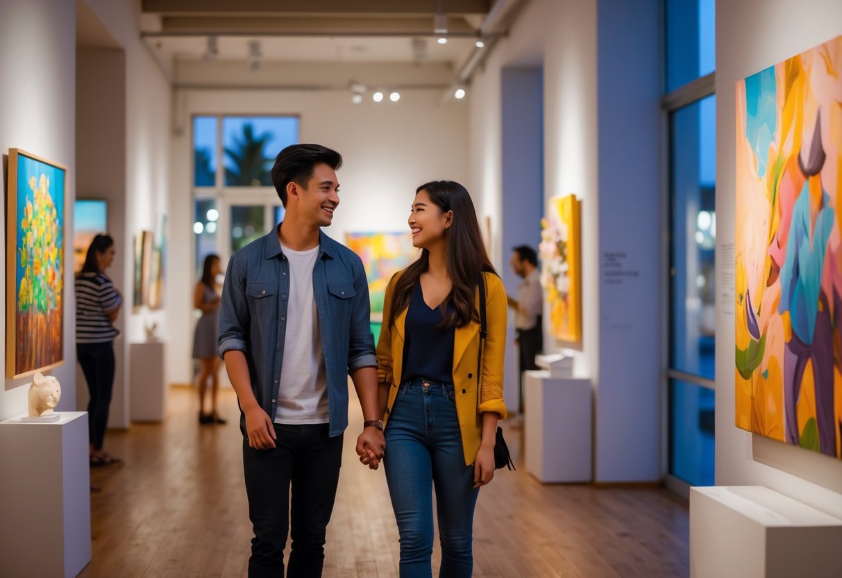 A young couple looking at paintings and sculptures inside an art gallery or museum.