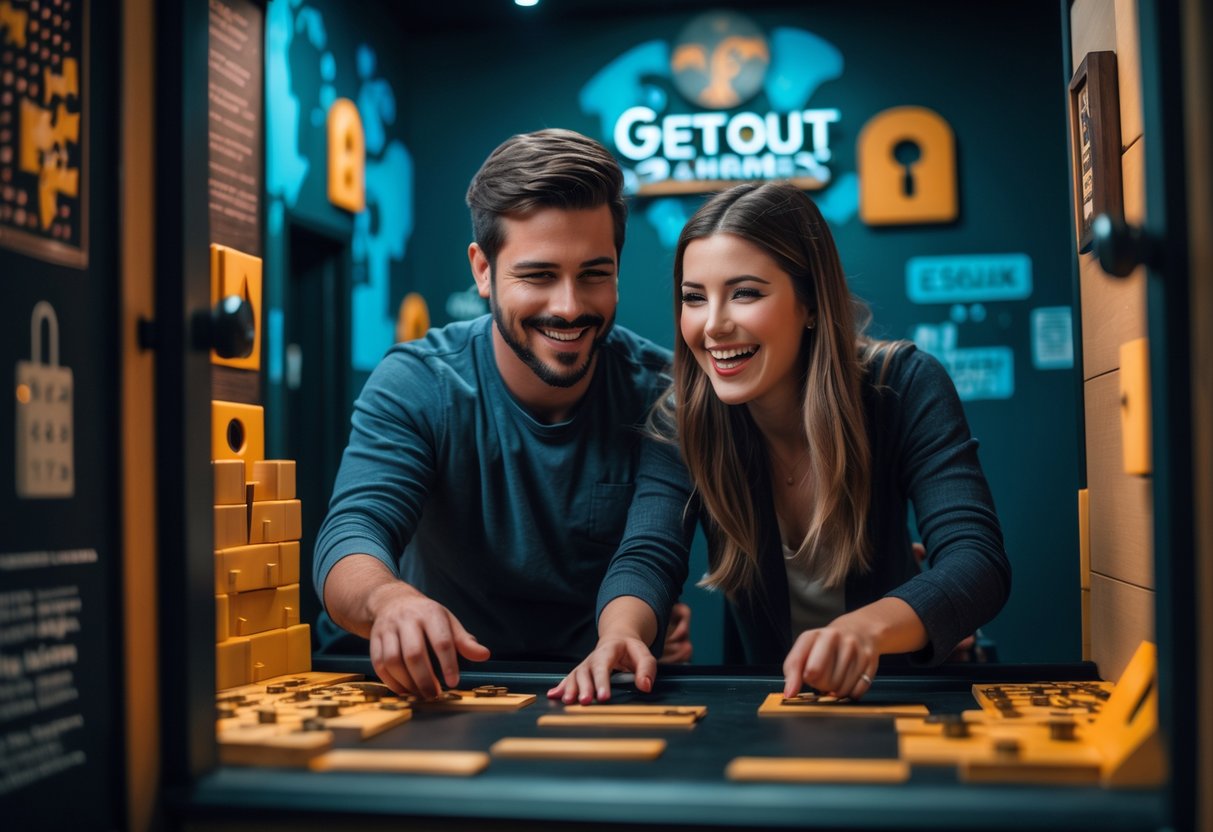 A couple working together on puzzles inside an escape room, smiling and focused.