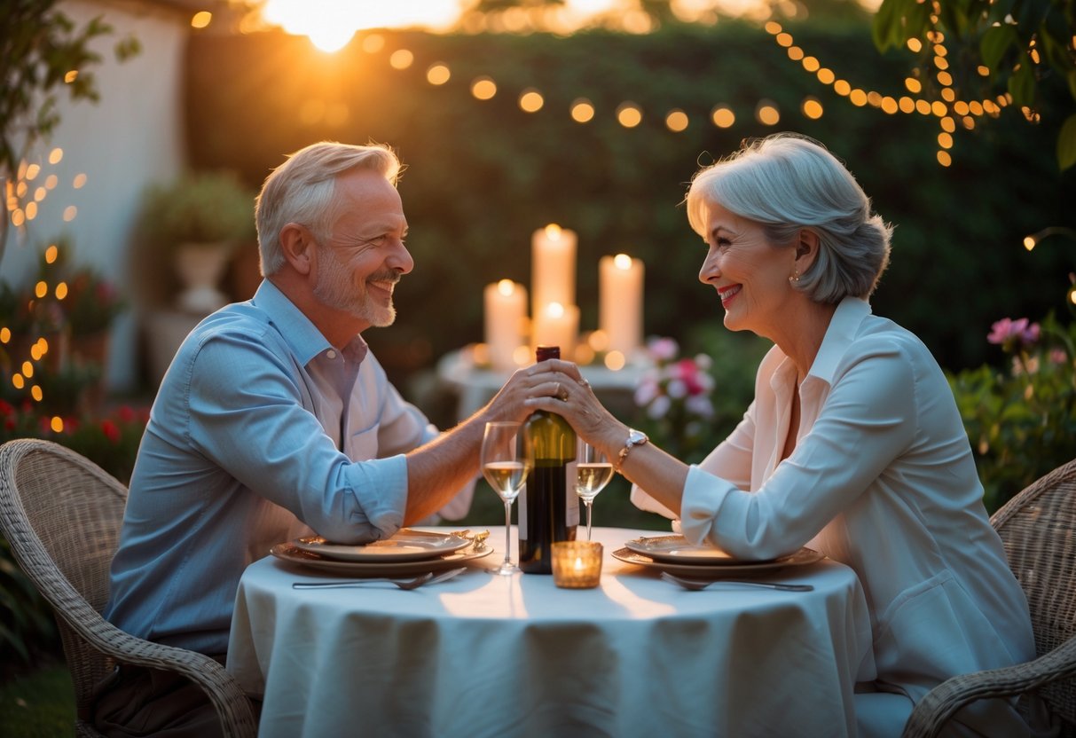 A mature couple holding hands and smiling at an outdoor dinner table decorated with candles and flowers during sunset.