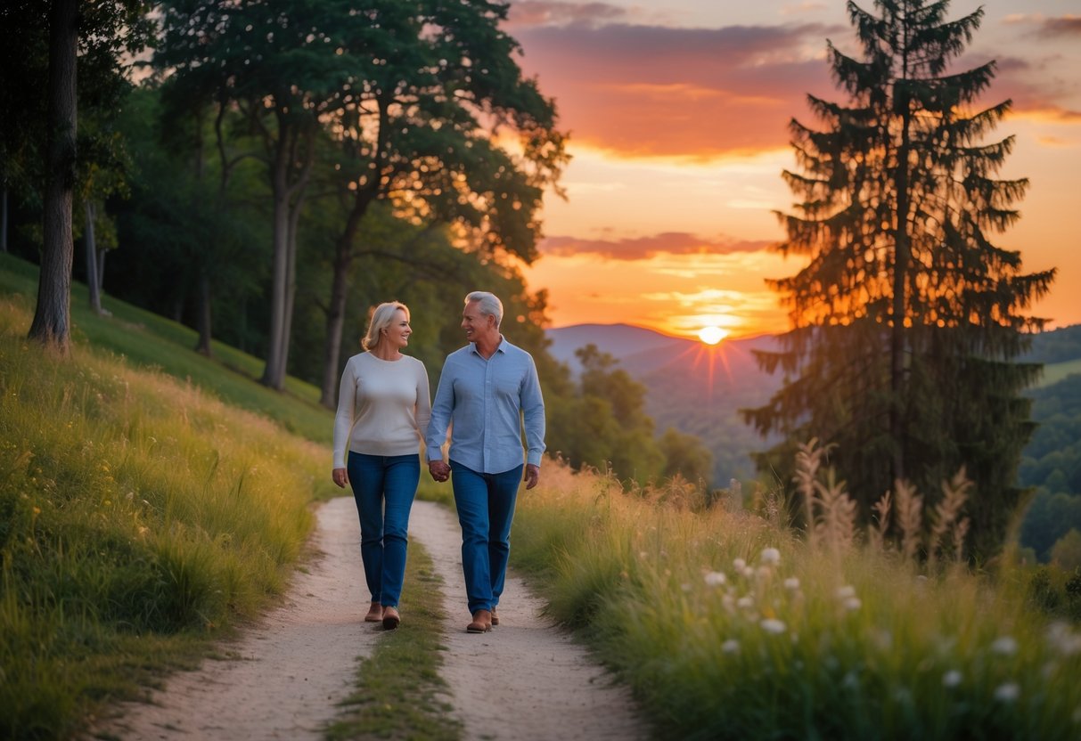 A mature couple walking hand in hand on a park trail during sunset surrounded by trees and hills.
