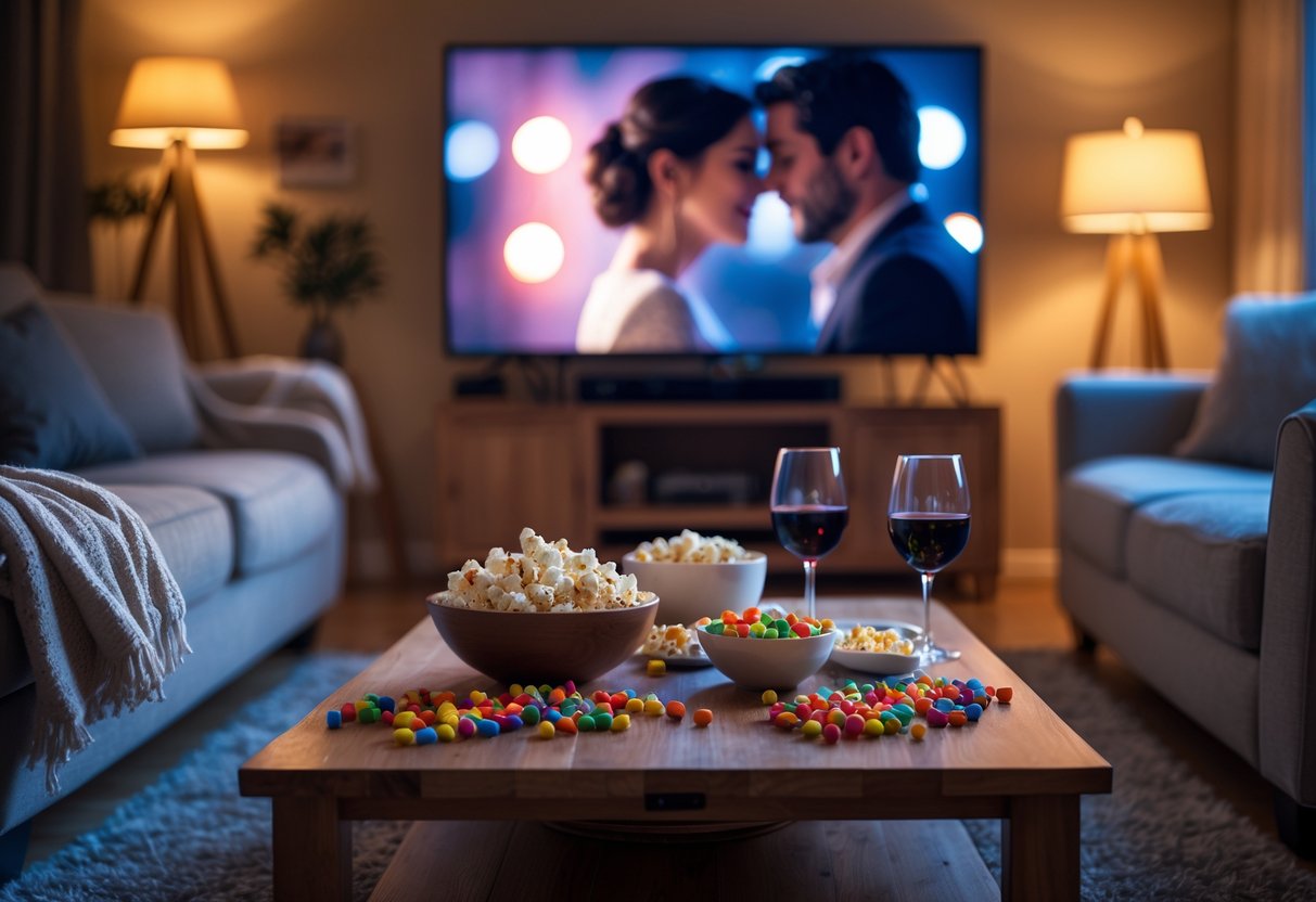A cozy living room with a sofa, snacks on a coffee table, and a glowing TV screen set up for a couple's movie night.