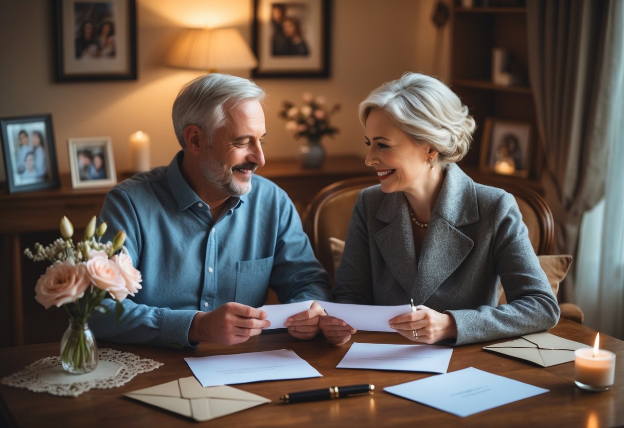 A middle-aged couple sitting at a table exchanging handwritten love letters in a cozy, softly lit room.