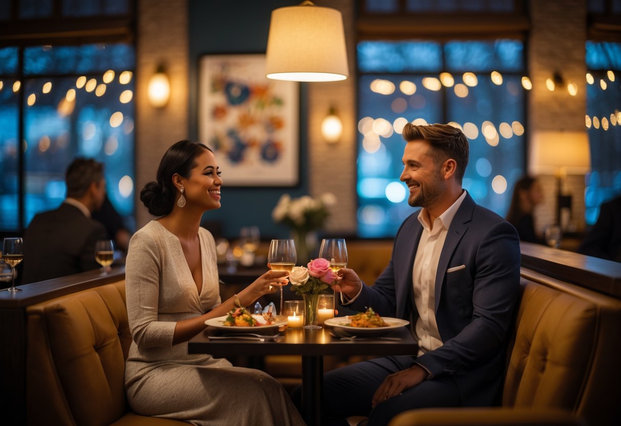 A couple enjoying a romantic dinner together at a cozy restaurant with warm lighting and elegant decor.
