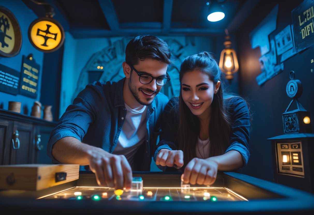 A young couple working together to solve puzzles in an escape room challenge.