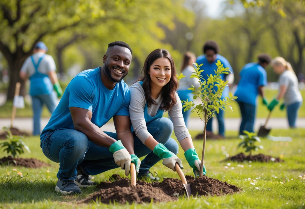 A couple planting trees together outdoors, smiling and volunteering in a park.