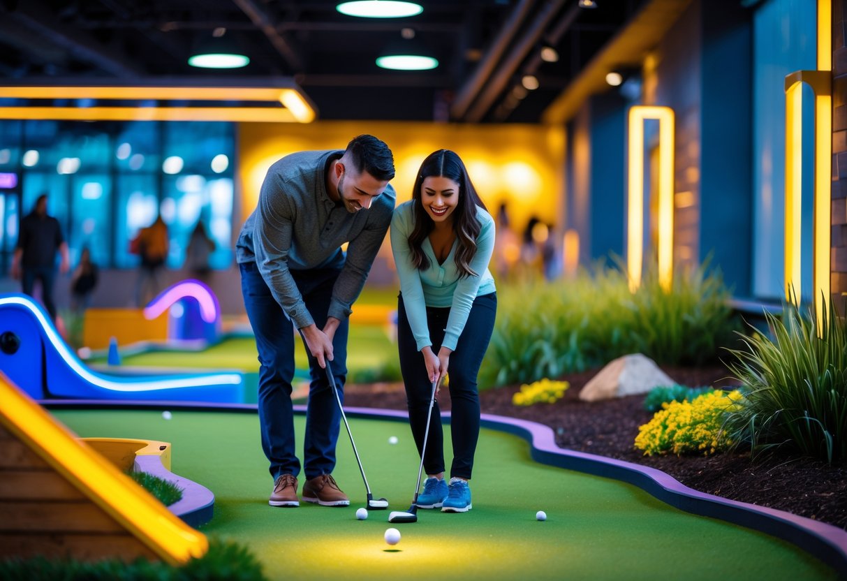 A couple playing indoor mini golf together at a colorful, modern course.