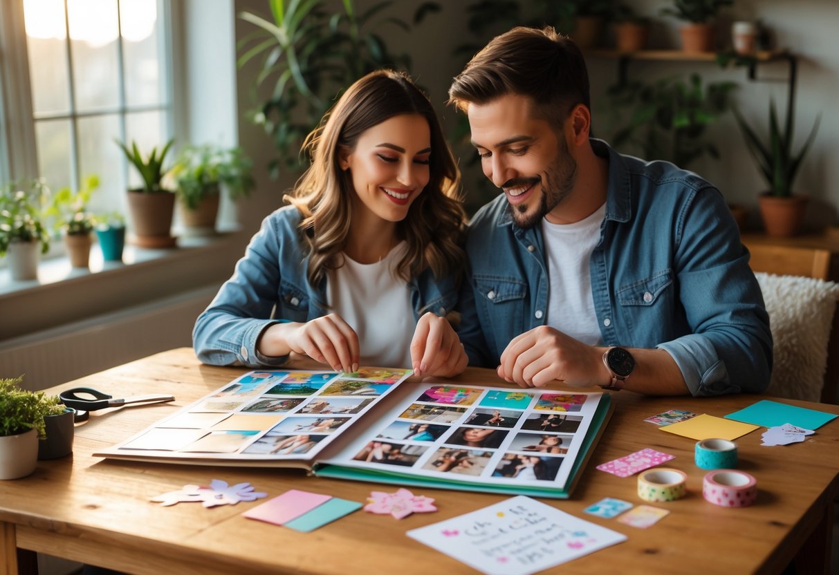 A couple sitting at a table making a scrapbook together, surrounded by photos and craft supplies.