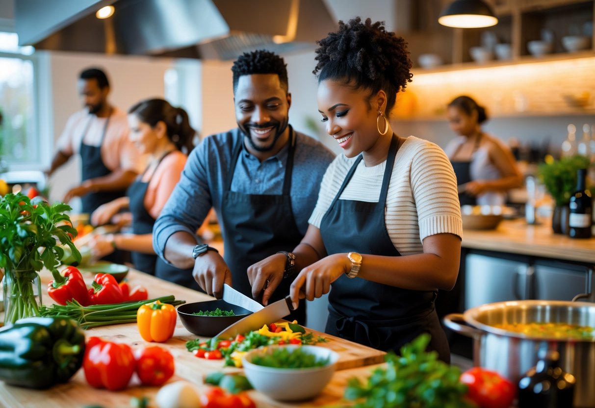 A couple cooking together in a bright kitchen during a cooking class, surrounded by fresh ingredients and kitchen tools.