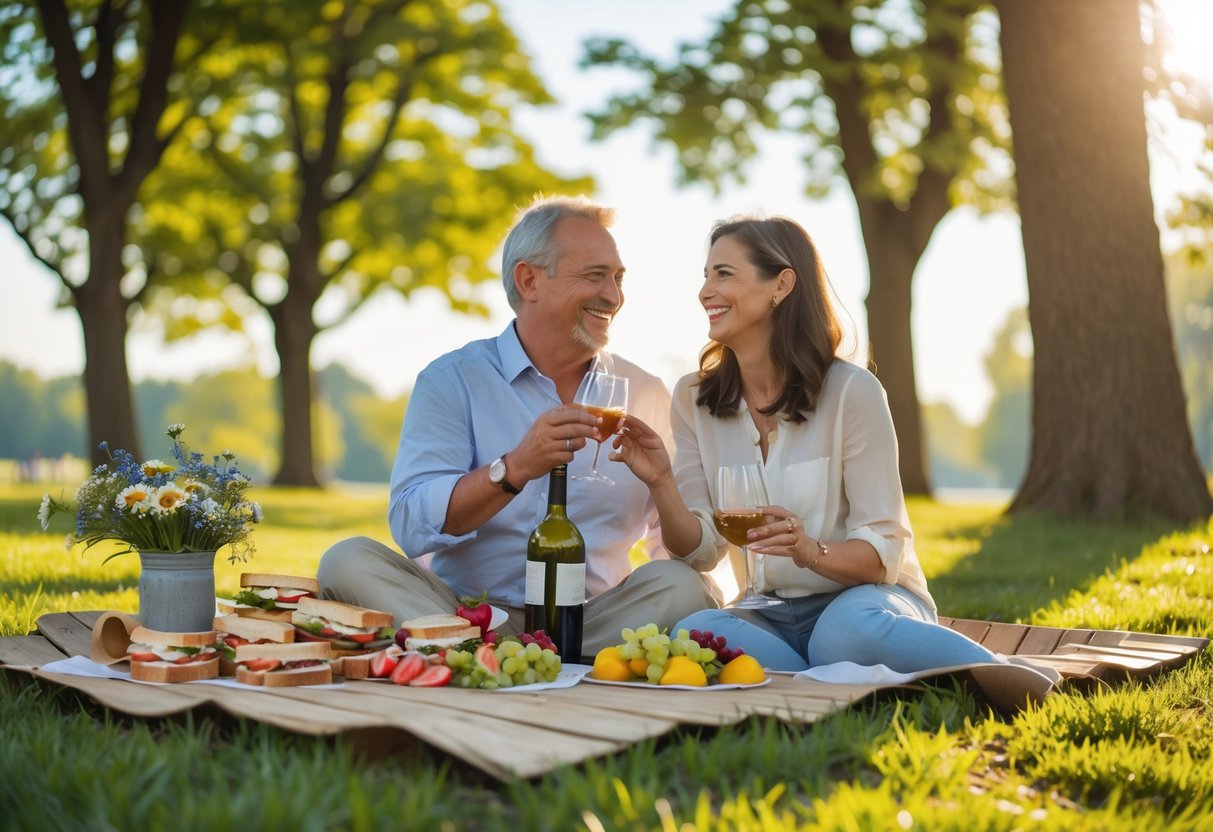 A middle-aged couple enjoying a picnic with homemade food in a sunny park.