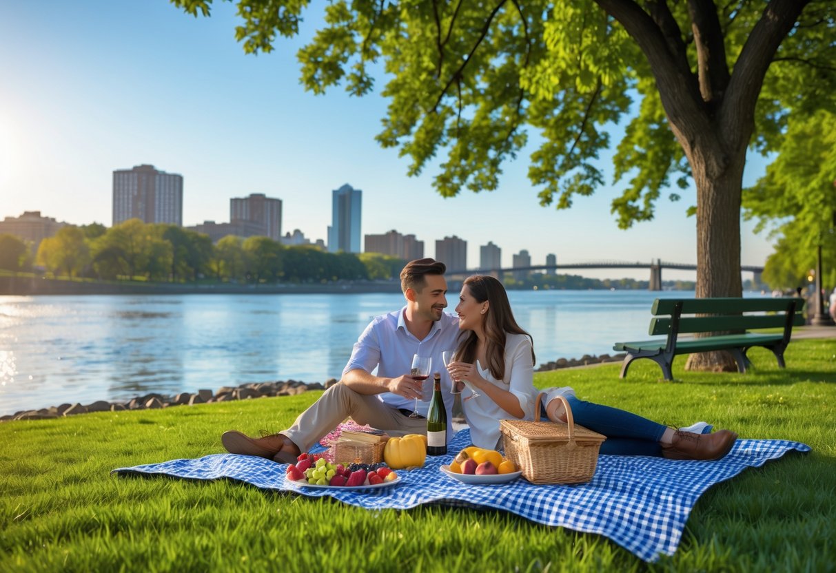 A couple having a picnic on a blanket by the Hudson River in a green park with trees and city buildings in the background.