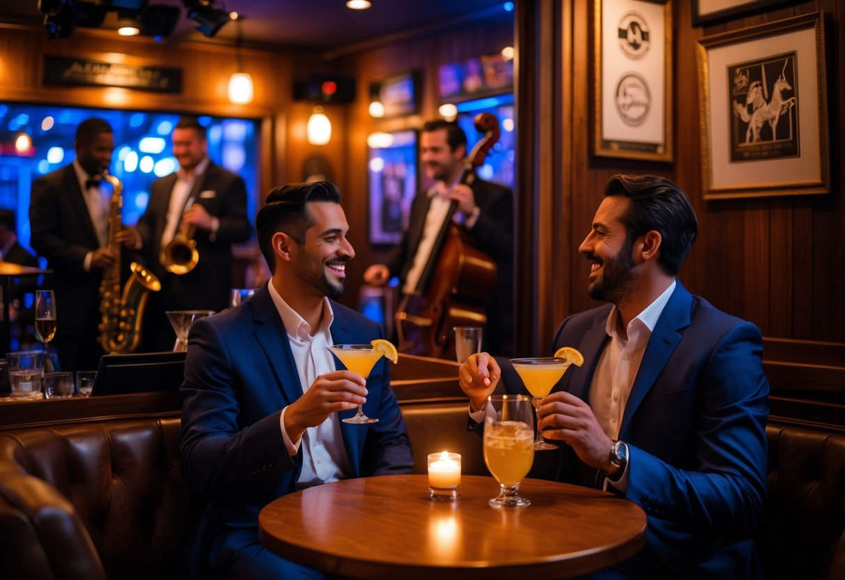 A couple enjoying drinks at a small table while a live jazz band performs on stage in a cozy, dimly lit jazz club.