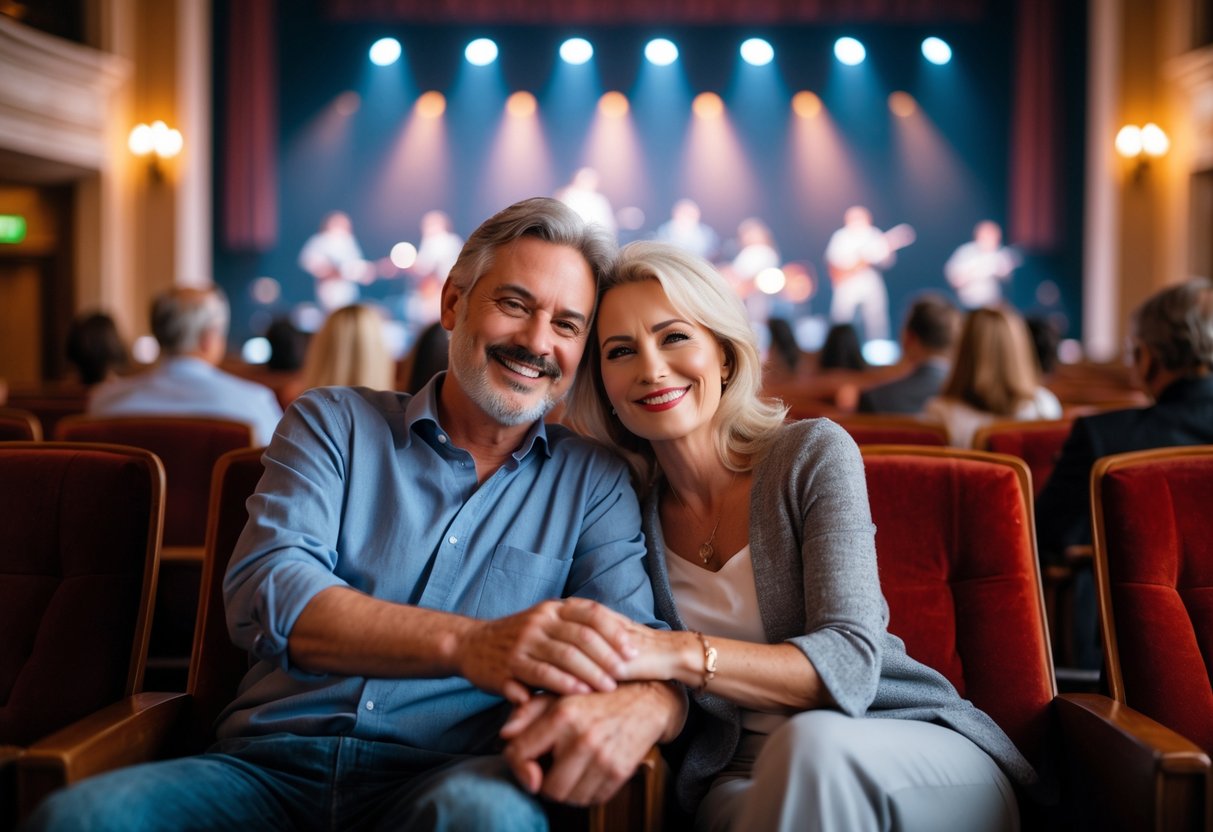 A mature couple sitting together in a theater, smiling and enjoying a live performance.