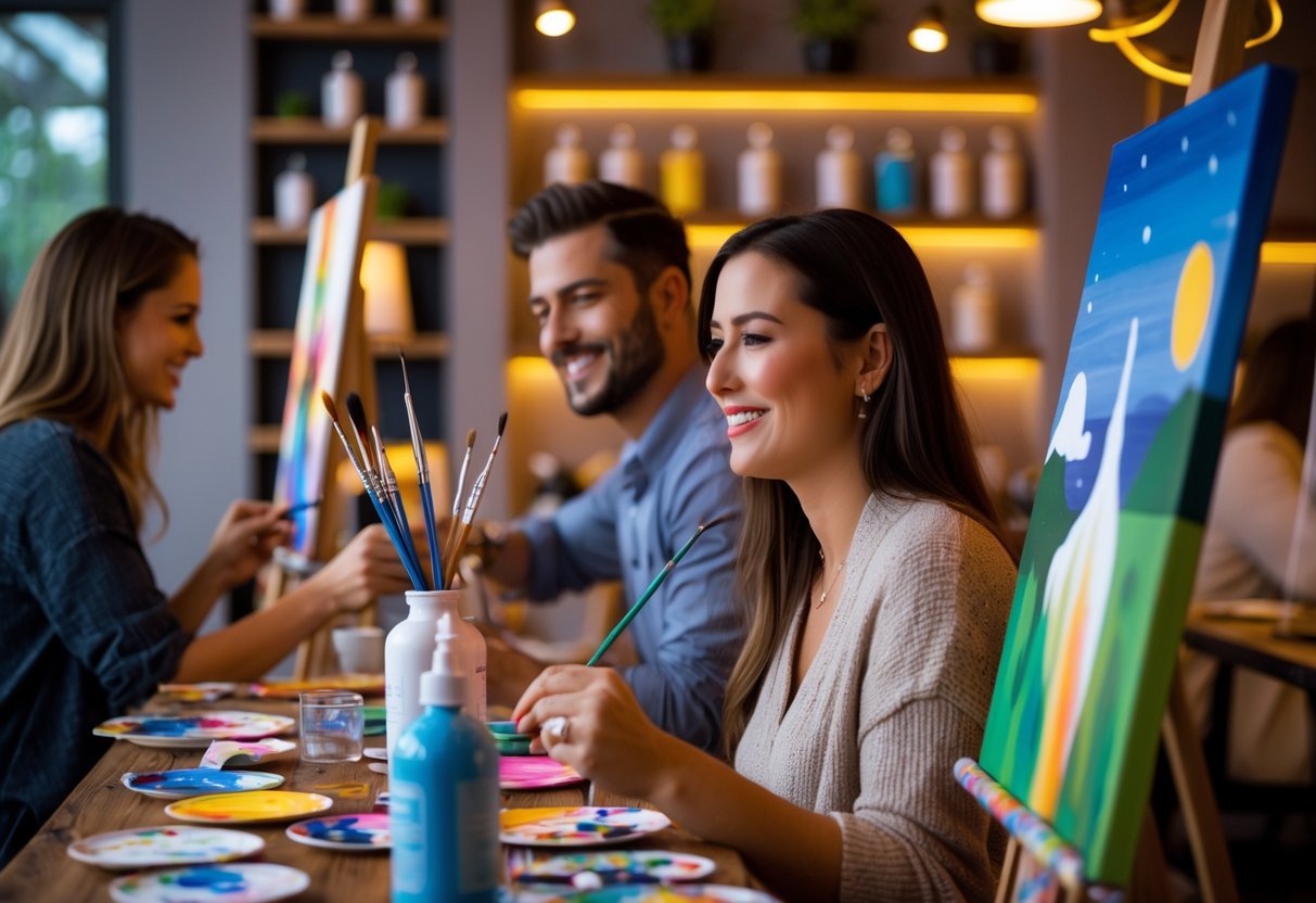 A couple painting together at a table with art supplies in a cozy, well-lit art studio.