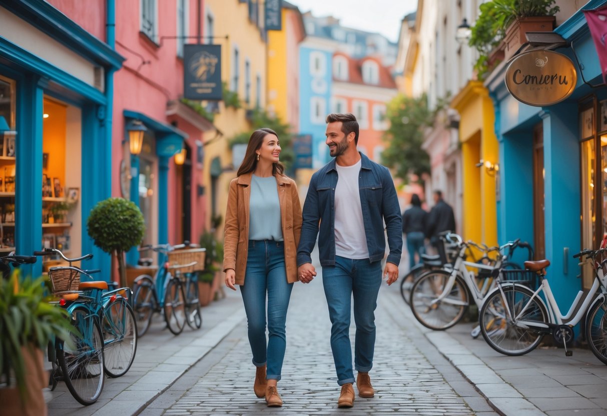 A couple walking hand-in-hand along a city street, enjoying each other's company without using any electronic devices.