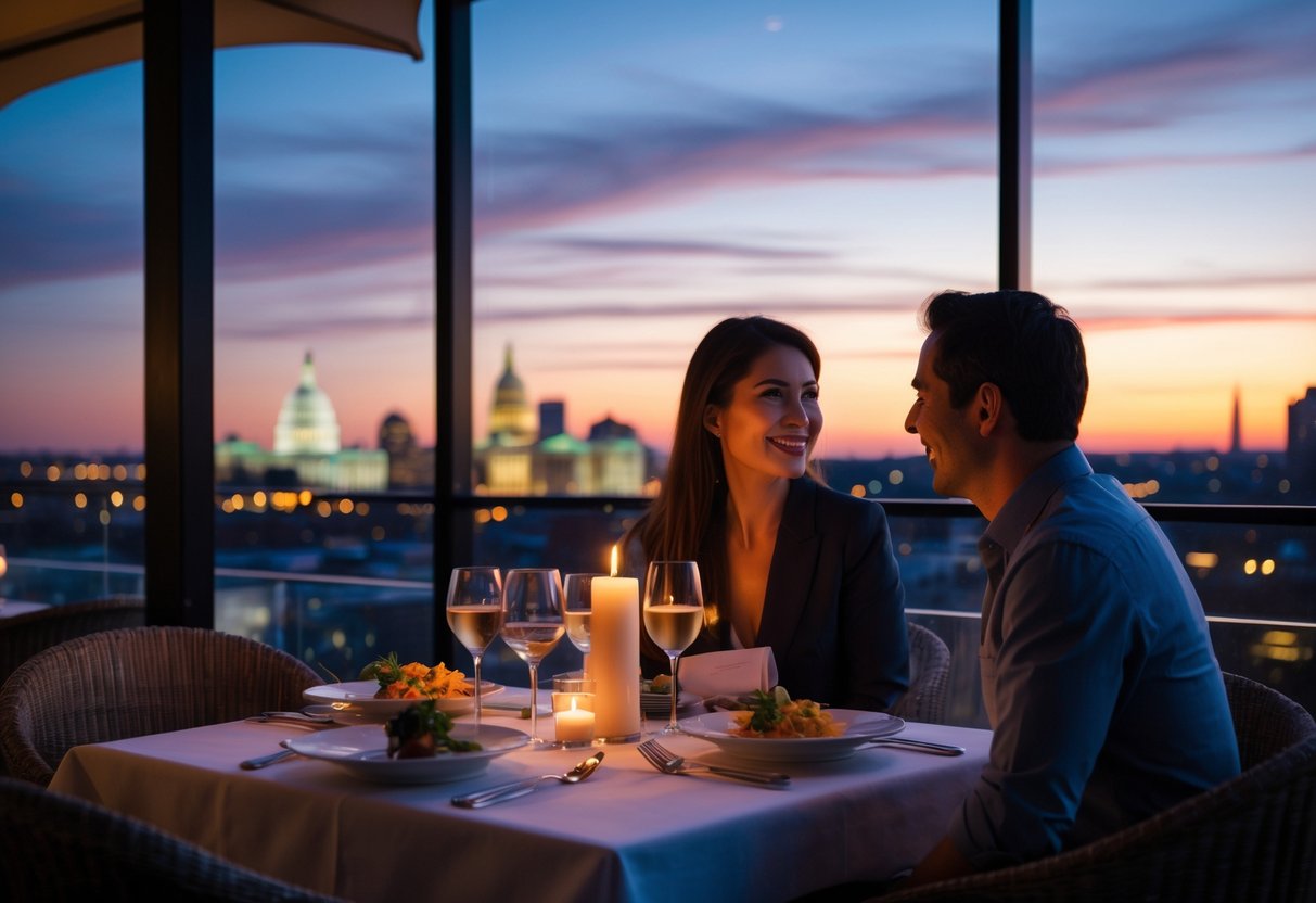 A couple enjoying a romantic dinner at a rooftop restaurant with a view of the Washington, D.C. skyline at twilight.