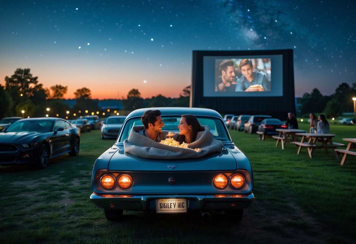 A couple sitting in a car at a drive-in movie theater watching a film on a large outdoor screen at dusk.