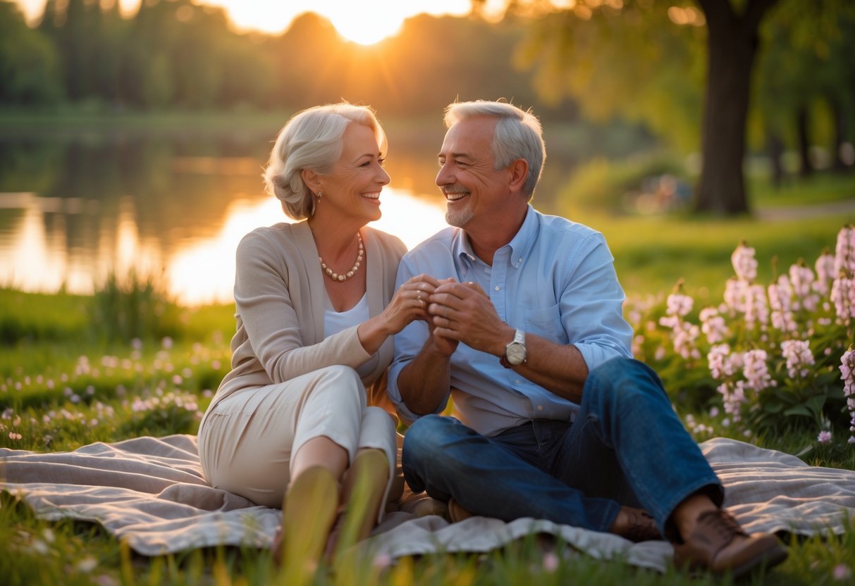 A middle-aged couple sitting close together on a picnic blanket in a park at sunset, holding hands and smiling warmly at each other.
